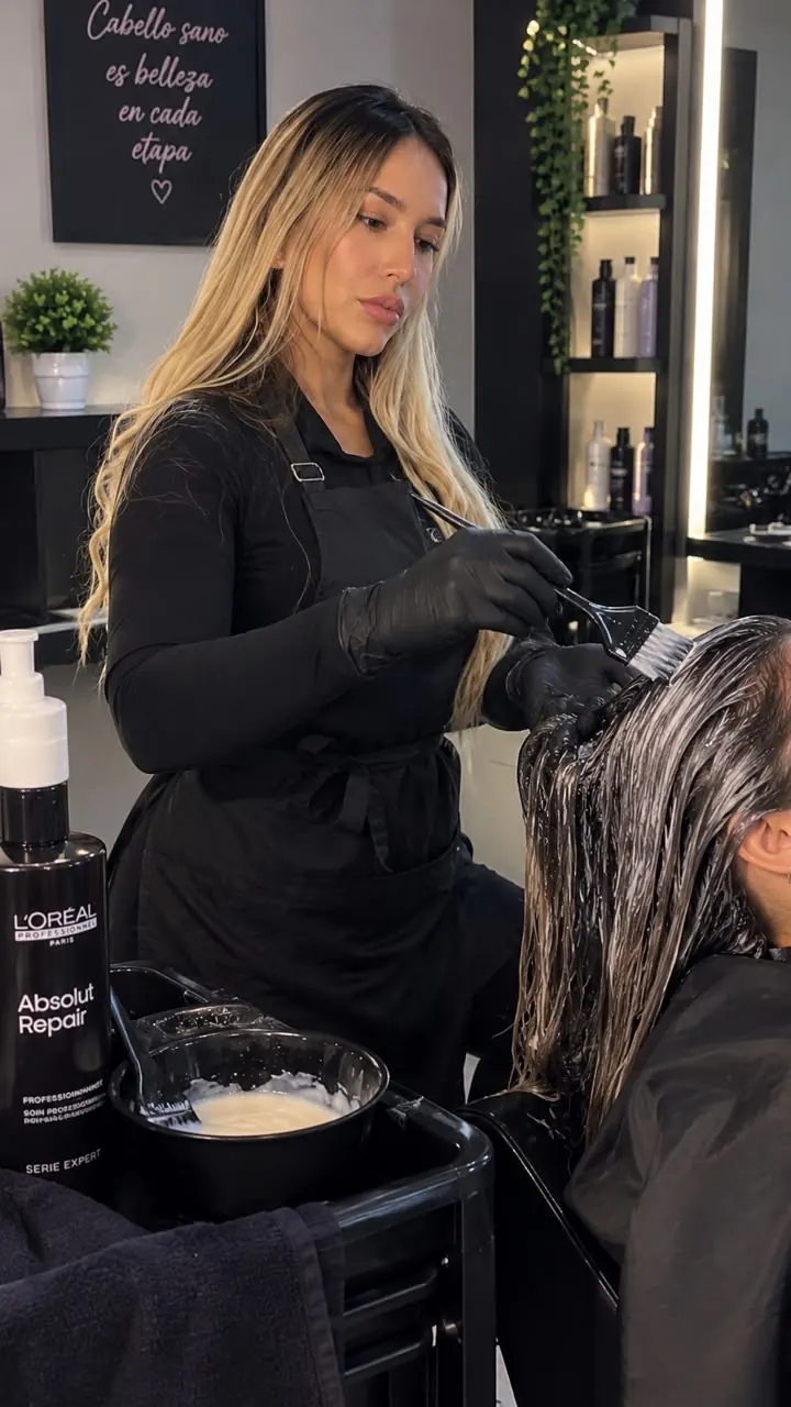 Marilyn Escala aplicando un tratamiento capilar